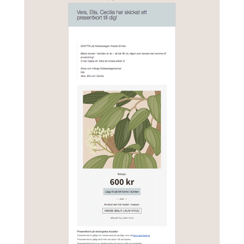 presentkort på ekologiska kryddor - berry pod bark