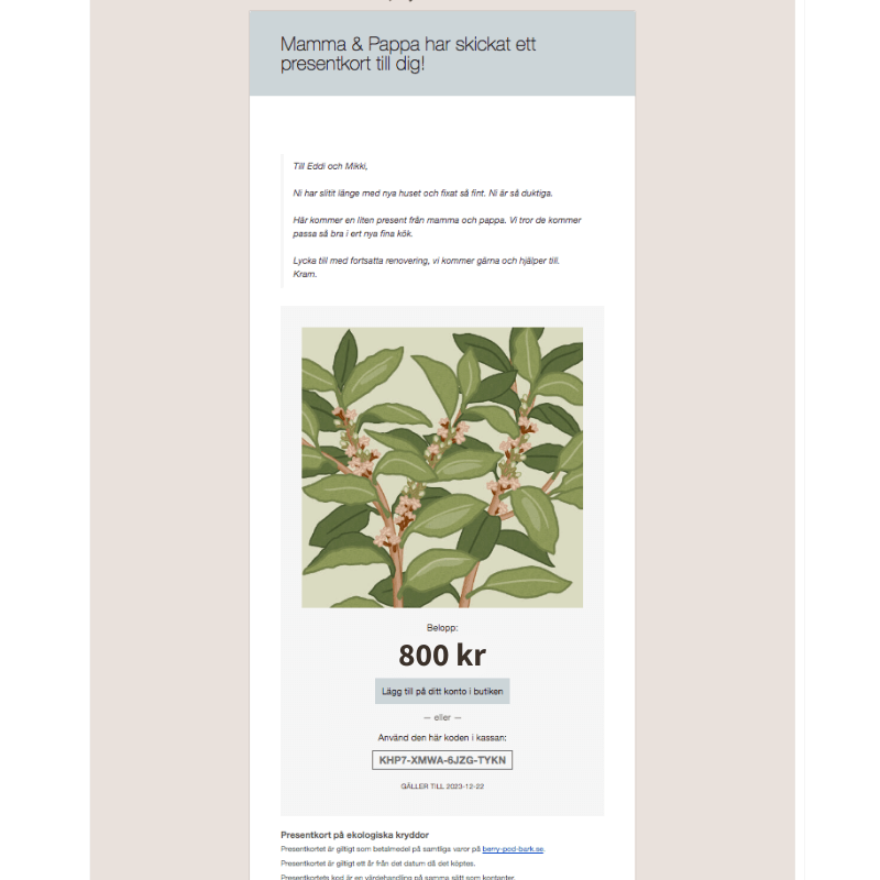 presentkort på ekologiska kryddor - berry pod bark
