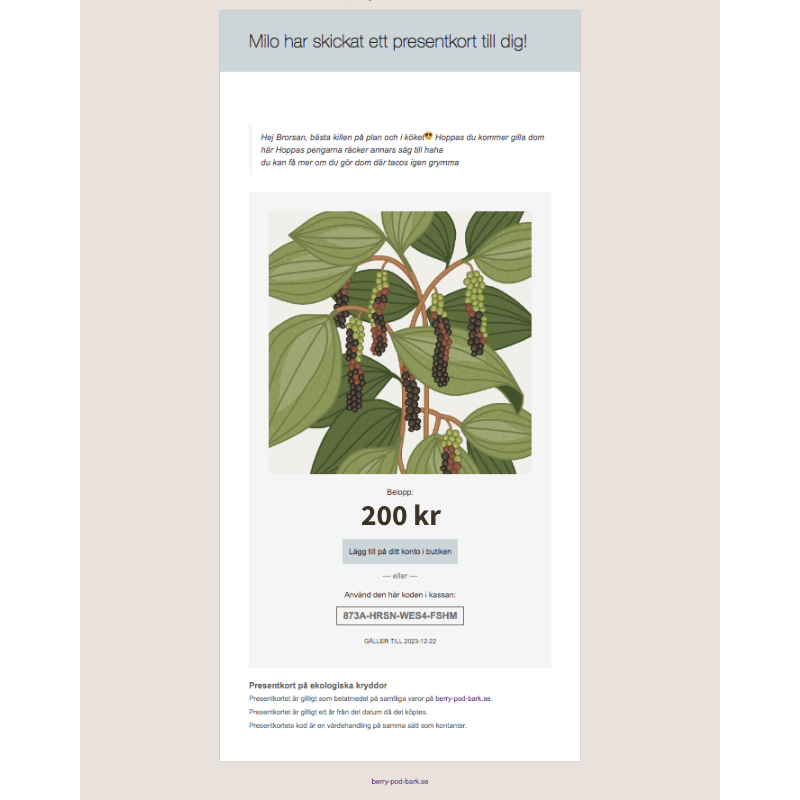 presentkort på ekologiska kryddor - berry pod bark